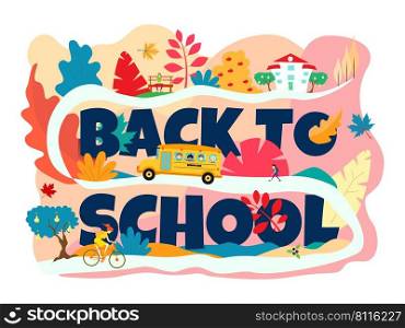 The inscription  back to school  is dark blue. The school bus goes up the hill to the school. A girl riding a bike. Autumn in pink and blue tones. Colorful leaves, pears and apples on a tree. EPS 10 vector