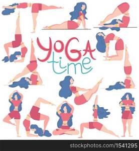 The inscription YOGA time and a set of 13 postures for yoga female figures, flat design isolated on white background.. The inscription YOGA time and a set of 13 postures for yoga female figures, flat design isolated on white background
