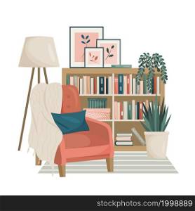 The interior of the living room in Scandinavian style. The boho palette. Armchair, bookcase, indoor flowers. The cat sleeps on the carpet. Vector.