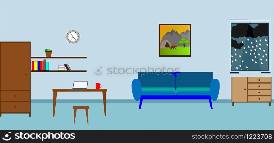 the interior of the room with a sofa, a coffee table, shelves with books and a picture