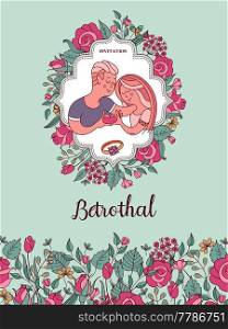 The invitation to the engagement party. Charming vector illustration. Loving couple. They show how much they love each other. Beautiful flower wreath of roses. Romantic card