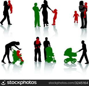 The isolated silhouettes of parents with children.