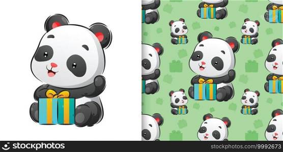 The jelly inspiration of the panda sitting near a box of gift in seamless pattern set