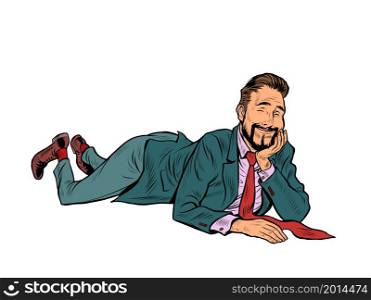 The joyful businessman is lying. Relaxed funny pose. Peace and relaxation. Pop art Retro vector illustration 50e 60 style. The joyful businessman is lying. Relaxed funny pose. Peace and relaxation