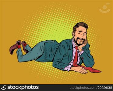 The joyful businessman is lying. Relaxed funny pose. Peace and relaxation. Pop art Retro vector illustration 50e 60 style. The joyful businessman is lying. Relaxed funny pose. Peace and relaxation