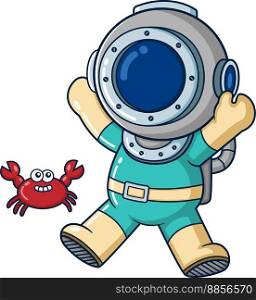 The joyful diver happily plays with a cute crab of illustration