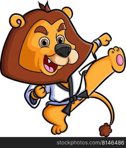 The karate lion is doing the martial arts with a good kick