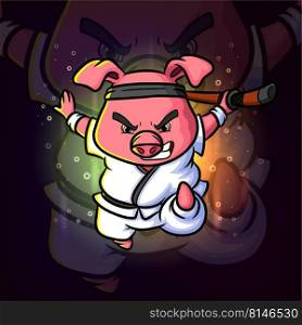The karate pig is attack with the stick esport mascot logo design