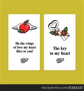 The key to my heart. Heart with wings. On the wings of love. Vector emblem. The design element of postcards for St. Valentine&rsquo;s day, wedding invitations.