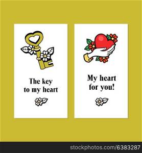 The key to my heart. My heart for you. Heart in hand. Vector greeting card for Valentine&rsquo;s day.
