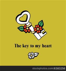 The key to my heart. Vector emblem. The design element of postcards for St. Valentine&rsquo;s day, wedding invitations.
