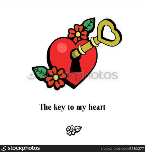 The key to my heart. Vector illustration, logo, emblem of love. Red heart in which is inserted a Golden key.