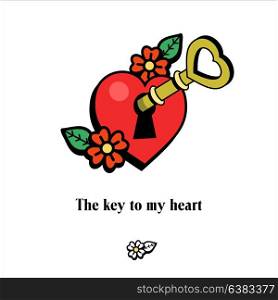 The key to my heart. Vector illustration, logo, emblem of love. Red heart in which is inserted a Golden key.