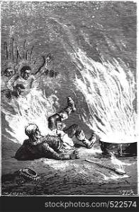 The king had caught fire like an oil tank, vintage engraved illustration.