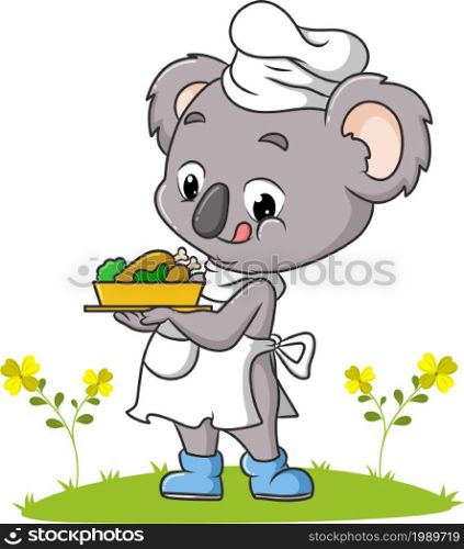 The koala chef is serving a chicken in the garden of illustration