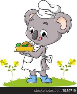 The koala chef is serving a chicken in the garden of illustration