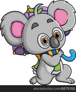 The koala is walking around by carrying an umbrella