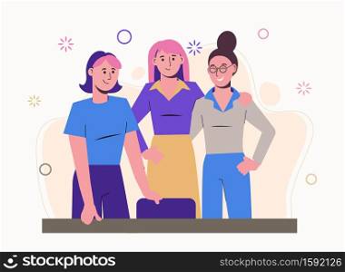 The labor collective of girls in the office. Friends meeting. Workers at the workplace. Illustration in flat style. Isolated on a white background.