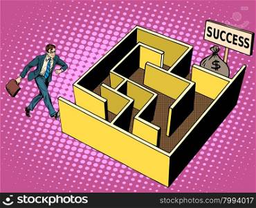 The labyrinth path to success business concept pop art retro style. Businessman go to financial profit. Optimism and challenges. Problem solving. Bag of money. The labyrinth path to success business concept