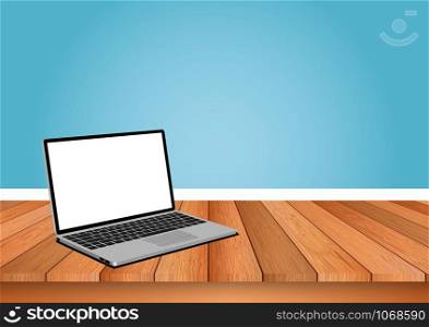 The laptop computer is located on a wooden floor with a blue room in the back. Business, Finance and Freelance Vector illustrations