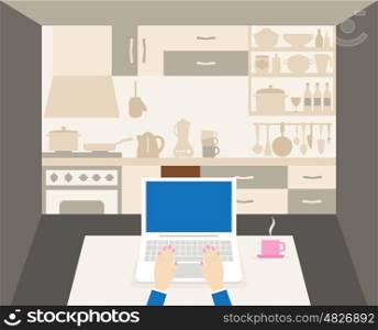 The laptop is in the kitchen. Vector illustration