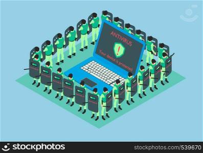 The laptop is protected by antivirus. Around the computer are people in uniform and protect against viruses, in isometric.