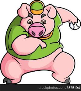 The large pig is playing baseball and going to throw the ball while wearing a cap