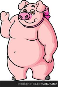 The large pig is standing and waving hand while smiling to others