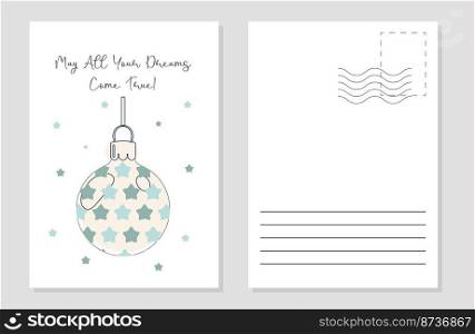 the layout of a greeting card Christmas ball with a star pattern in the style of line art. the layout of the postcard winter picture