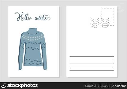 the layout of a greeting card warm blue sweater with a pattern. the layout of the postcard winter picture