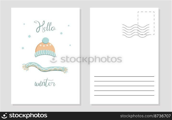 the layout of a greeting card warm winter clothes with a pattern. the layout of the postcard winter picture