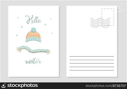 the layout of a greeting card warm winter clothes with a pattern. the layout of the postcard winter picture