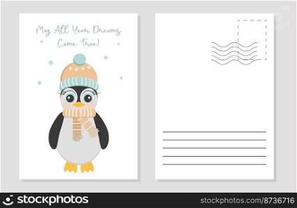 the layout of a greeting card with a cute penguin. the layout of the postcard winter picture