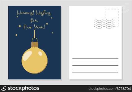 the layout of a greeting card with a golden Christmas ball on a dark background. the layout of the postcard winter picture