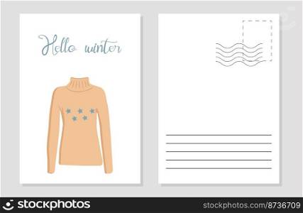 the layout of a greeting card with a warm pink sweater. the layout of the postcard winter picture