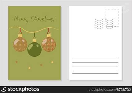 the layout of a greeting card with Christmas balls on a green background. the layout of the postcard winter picture
