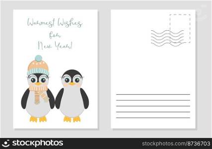 the layout of a greeting card with two cute penguins. the layout of the postcard winter picture