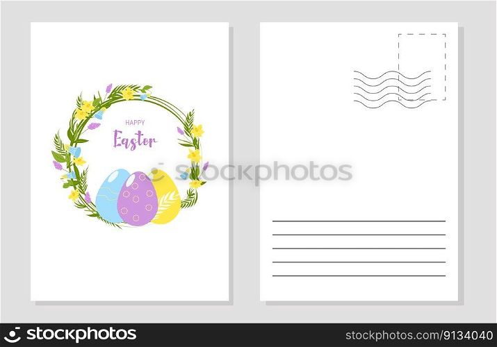 The layout of the Easter greeting card invitation flyers. A frame of flowers, Easter eggs. The concept of the holiday. Vector flat illustration.. Layout of an Easter card flyers invitations.