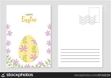 The layout of the Easter greeting card invitation flyers. Easter egg with floral pattern, text. The concept of the holiday. Vector flat illustration.. Layout of an Easter card flyers invitations.