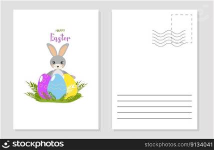 The layout of the Easter greeting card invitation flyers. Rabbit, Easter eggs, greens. The concept of the holiday. Vector flat illustration.. Layout of an Easter card flyers invitations.