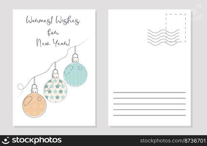 the layout of the greeting card Christmas balls with a pattern in the style of linart. the layout of the postcard winter picture