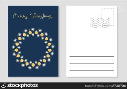 the layout of the greeting card frame of golden balls and snowflakes. the layout of the postcard winter picture