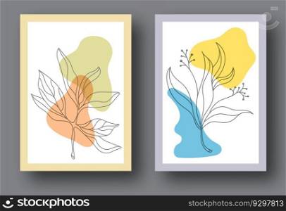 The layout of the painting with plant elements and abstract forms. Template for print, banner, poster and creative design. Fashionable art of painting for interior design and creative ideas 