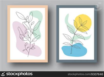 The layout of the painting with plant elements and abstract forms. Template for print, banner, poster and creative design. Fashionable art of painting for interior design and creative ideas