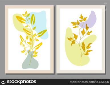 The layout of the painting with plant elements and abstract forms. Template for print, banner, poster and creative design. Fashionable art of painting for interior design and creative ideas
