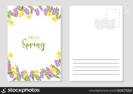 The layout of the spring postcard.Template. Vertical. Vector flat illustration.