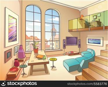 The light interior of a two-storied cozy living room is full of paintings and other art objects in the bright sunny day. &#xA;&#xA;The vector EPS v.10 is layered for your convenience. Enjoy!