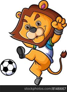 The lion as the football player is kicking the ball 
