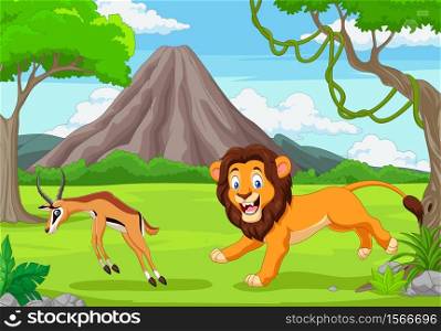 The lion is chasing an impala in an African savanna