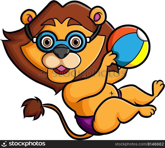 The lion is playing the ball beach with the happy expression 